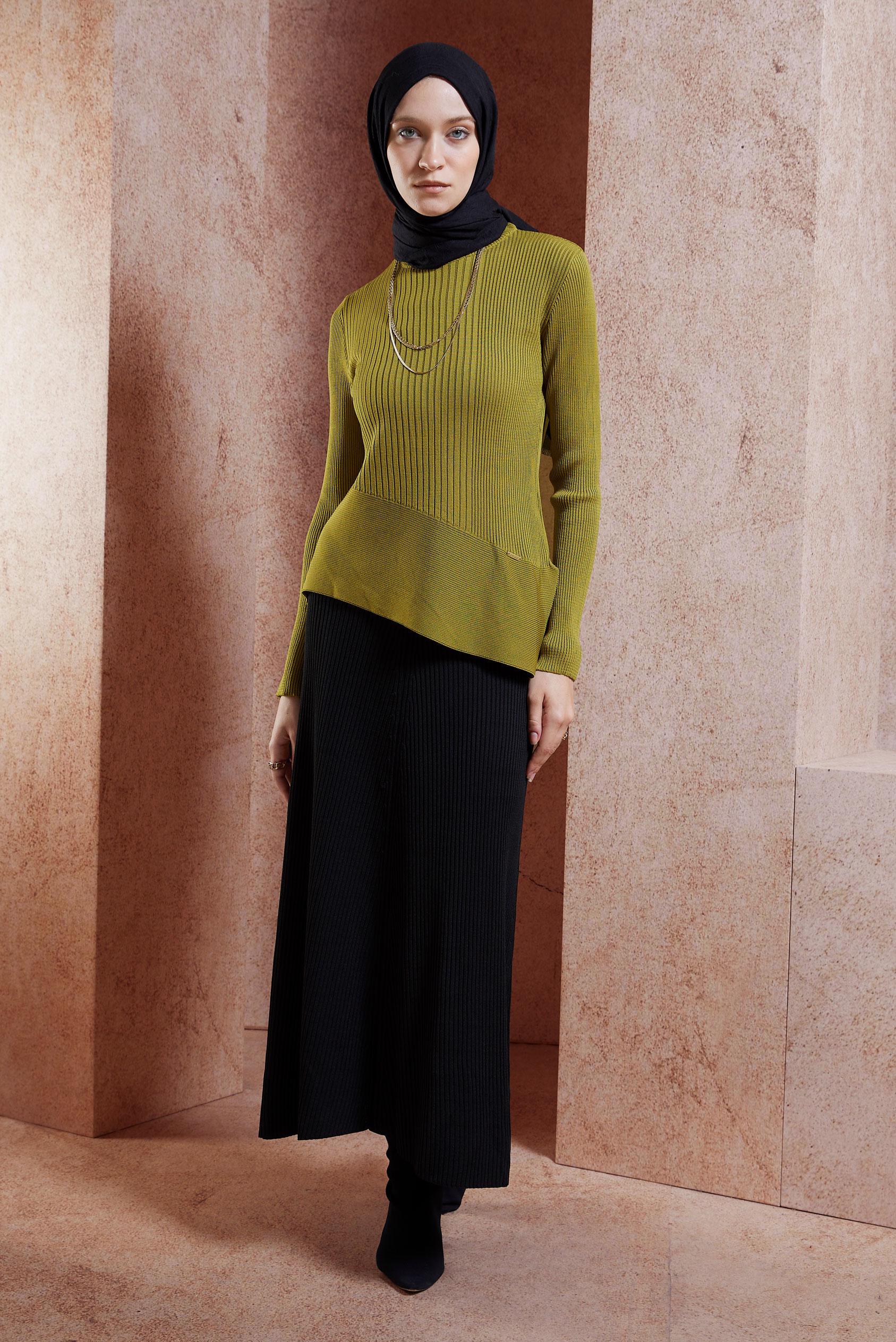 Tesettür giyim YEŞİL ASİMETRİK KESİM TRİKO KAZAK 45008