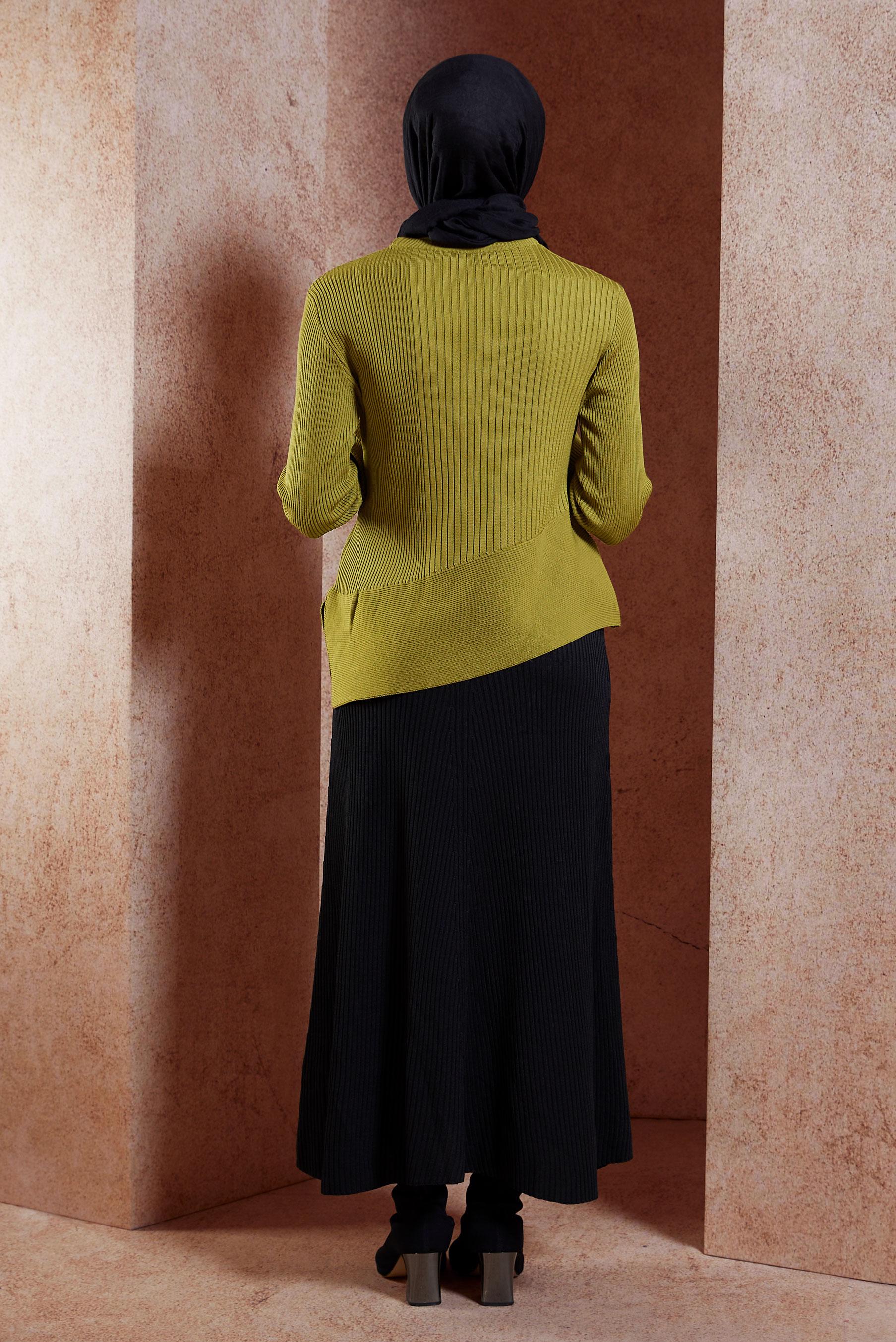 Tesettür giyim YEŞİL ASİMETRİK KESİM TRİKO KAZAK 45008