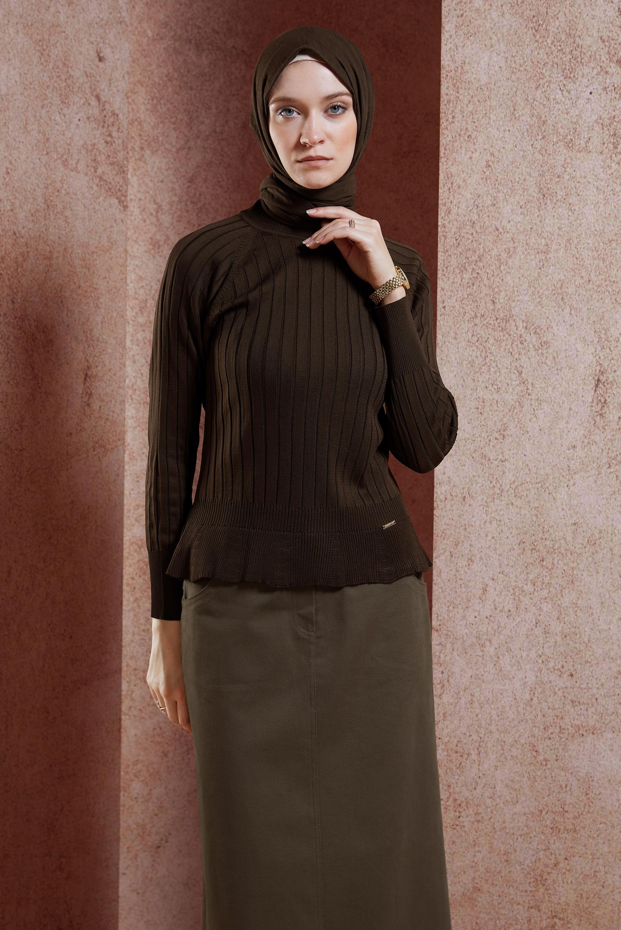 Tesettür giyim KAHVE DÜZ TRİKO KAZAK 45009