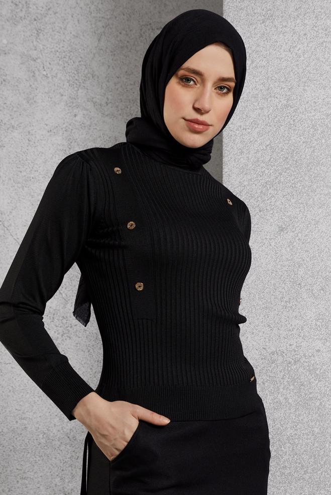 Tesettür giyim SİYAH FİTİLLİ TRİKO KAZAK 45010 - ALVİNA