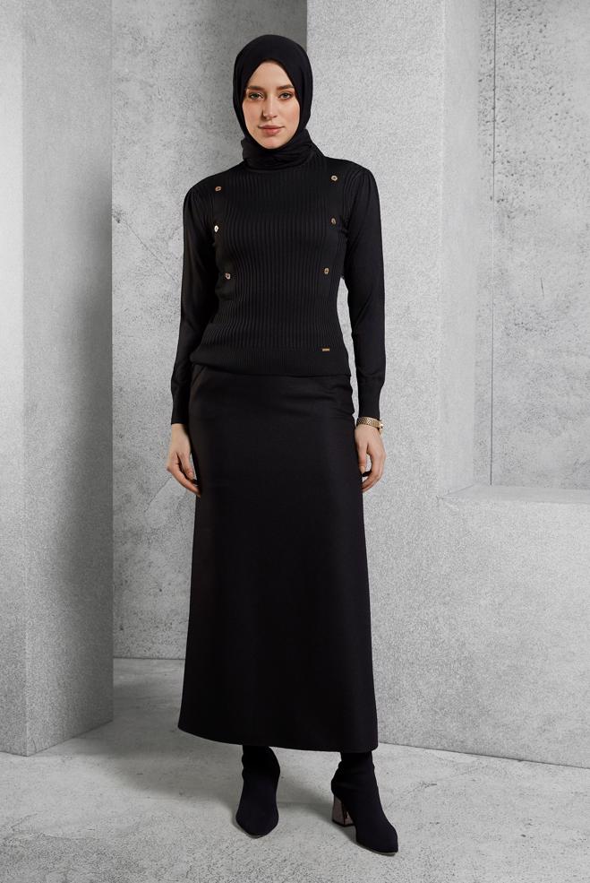 Tesettür giyim SİYAH FİTİLLİ TRİKO KAZAK 45010 - ALVİNA