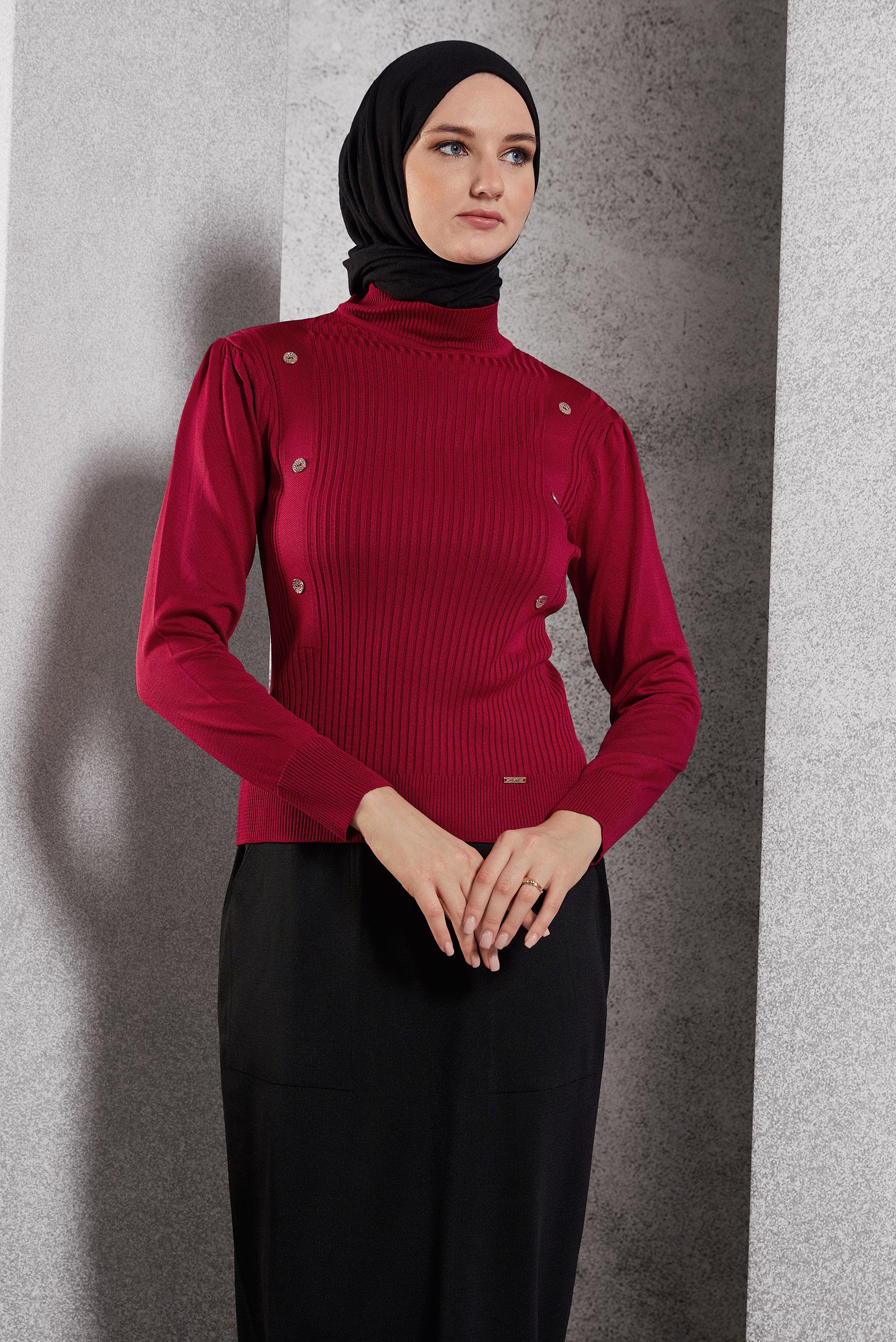 Tesettür giyim KIRMIZI FİTİLLİ TRİKO KAZAK 45010