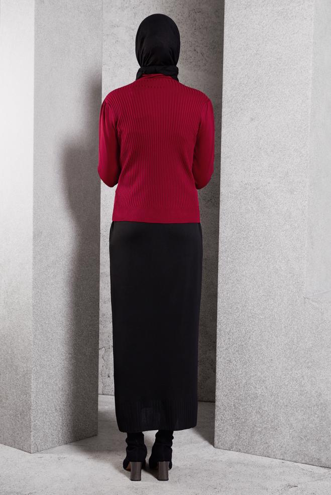 Tesettür giyim KIRMIZI FİTİLLİ TRİKO KAZAK 45010 - ALVİNA