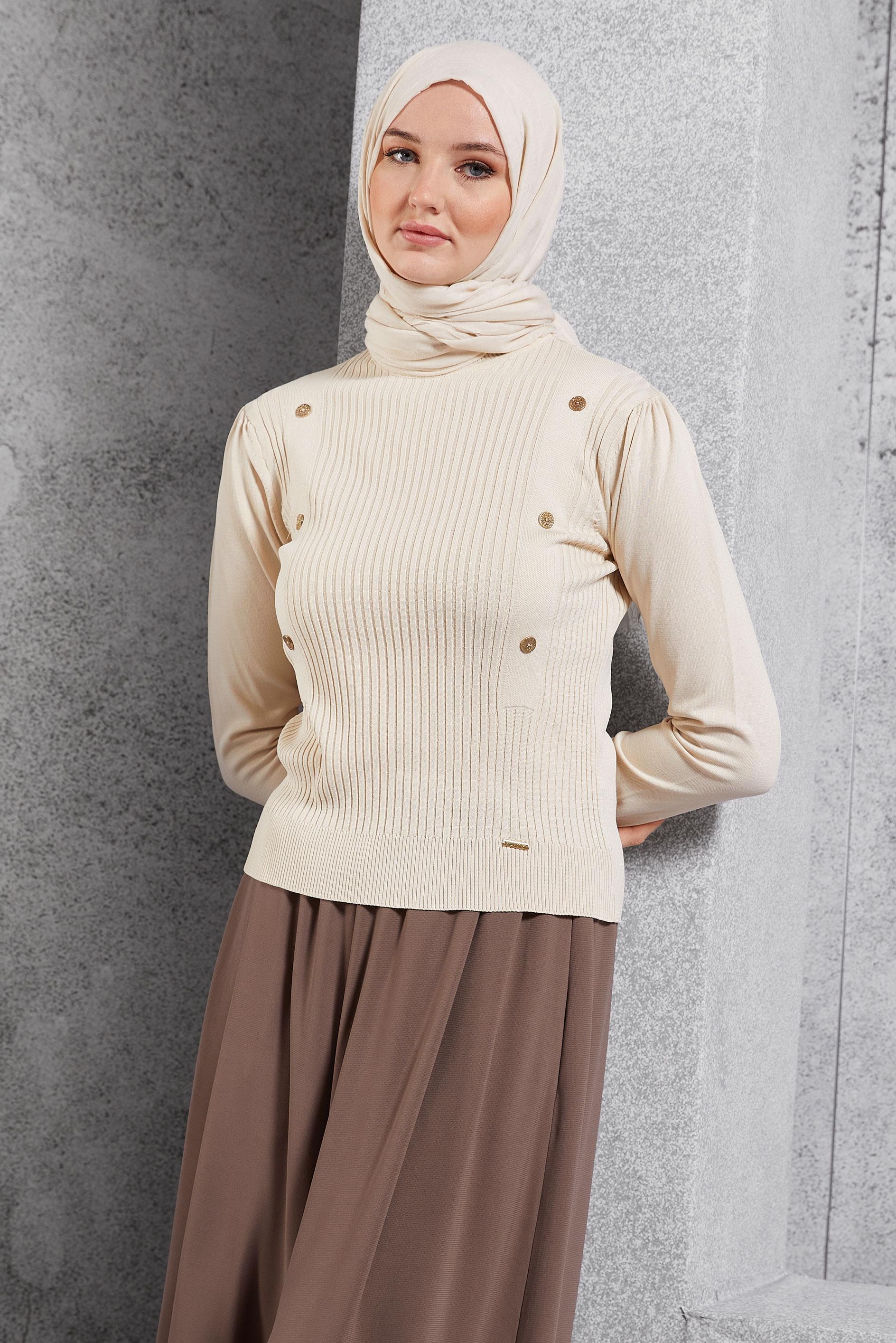 Tesettür giyim BEJ FİTİLLİ TRİKO KAZAK 45010
