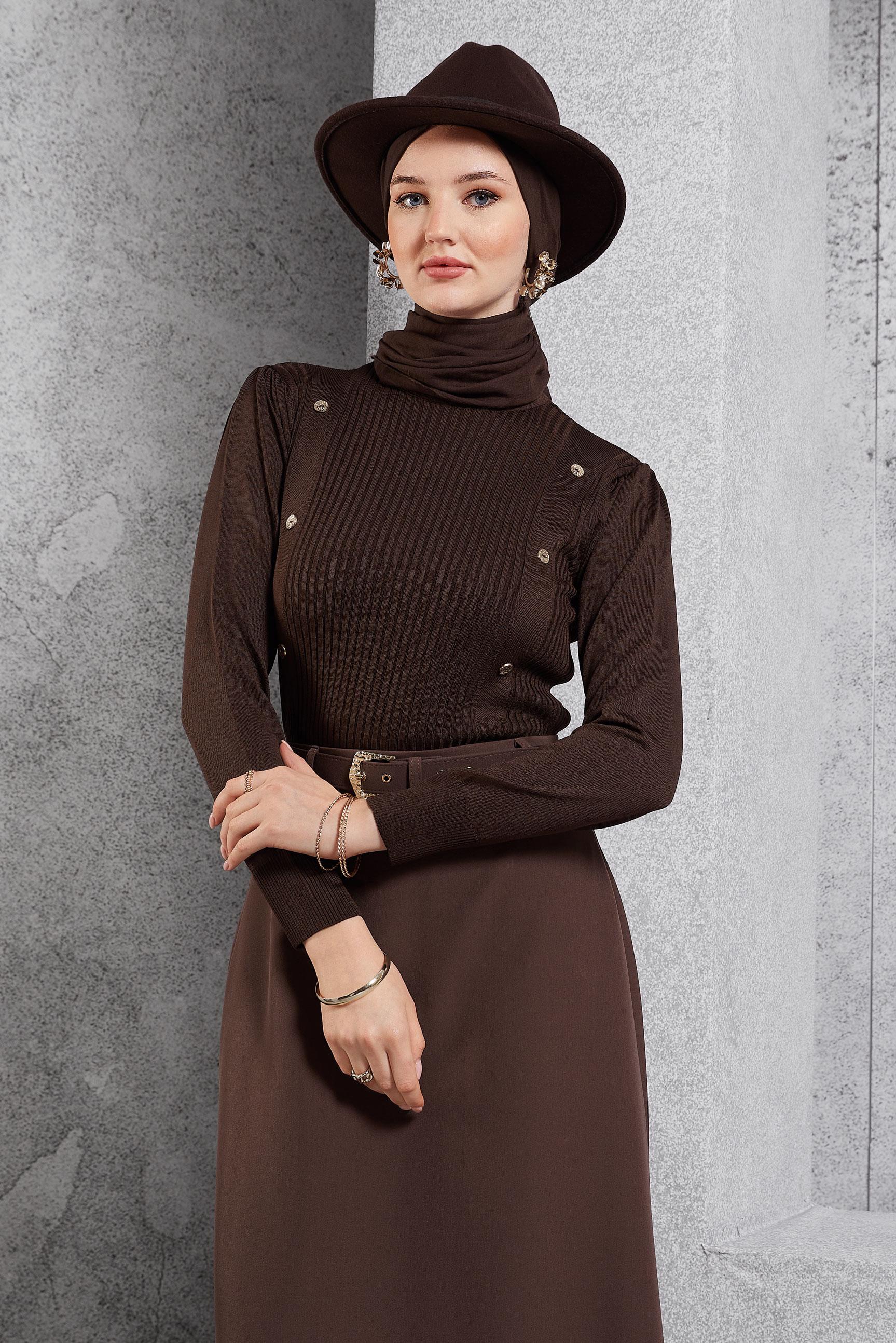 Hijab clothing BROWN RIBBED KNITWEAR SWEATER 45010
