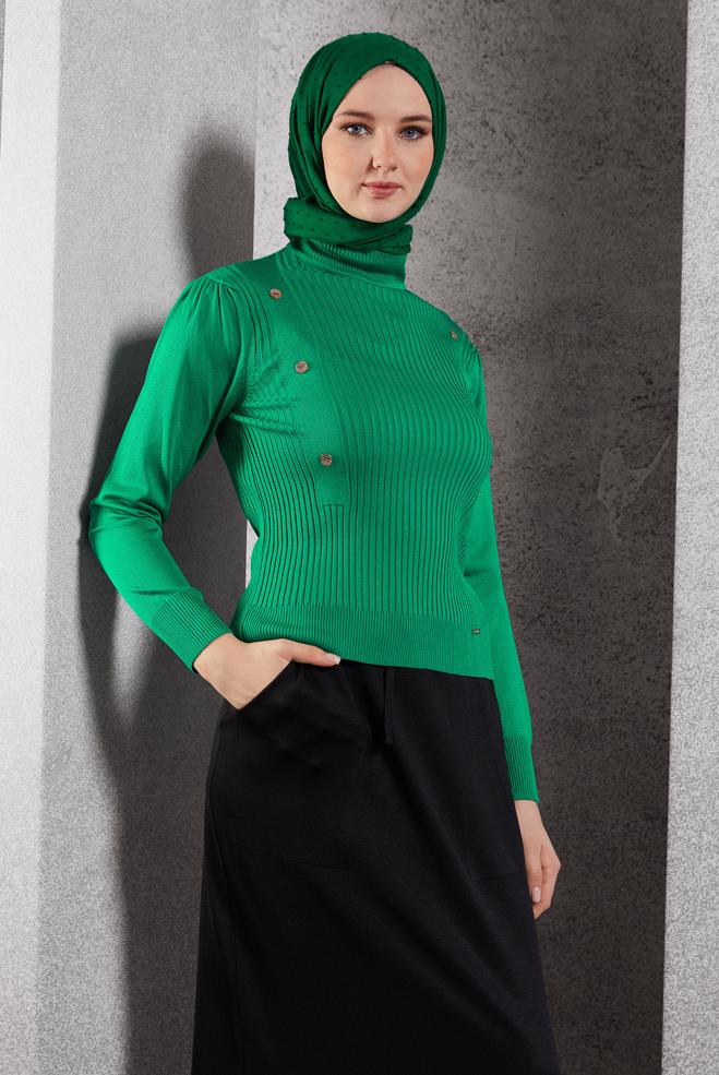 Vêtements hijab VERT PULL EN MAILLE CÔTELÉE 45010 - ALVİNA