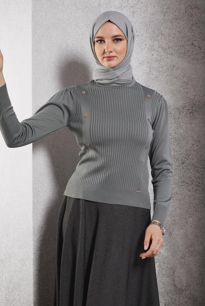 Tesettür giyim GRİ FİTİLLİ TRİKO KAZAK 45010 - ALVİNA