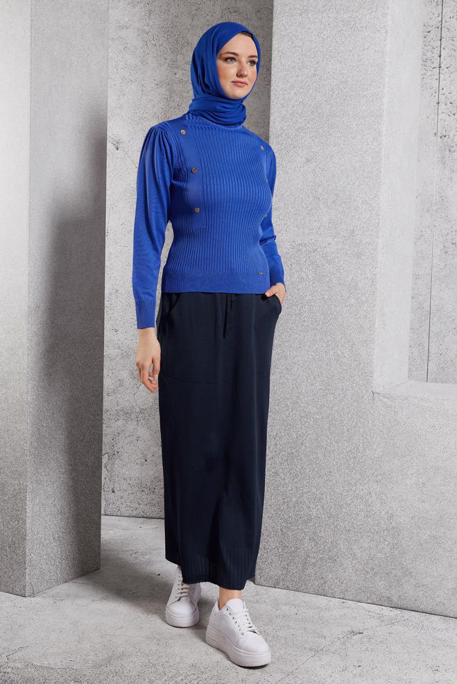 Vêtements hijab BLEU MARINE PULL EN MAILLE CÔTELÉE 45010 - ALVİNA
