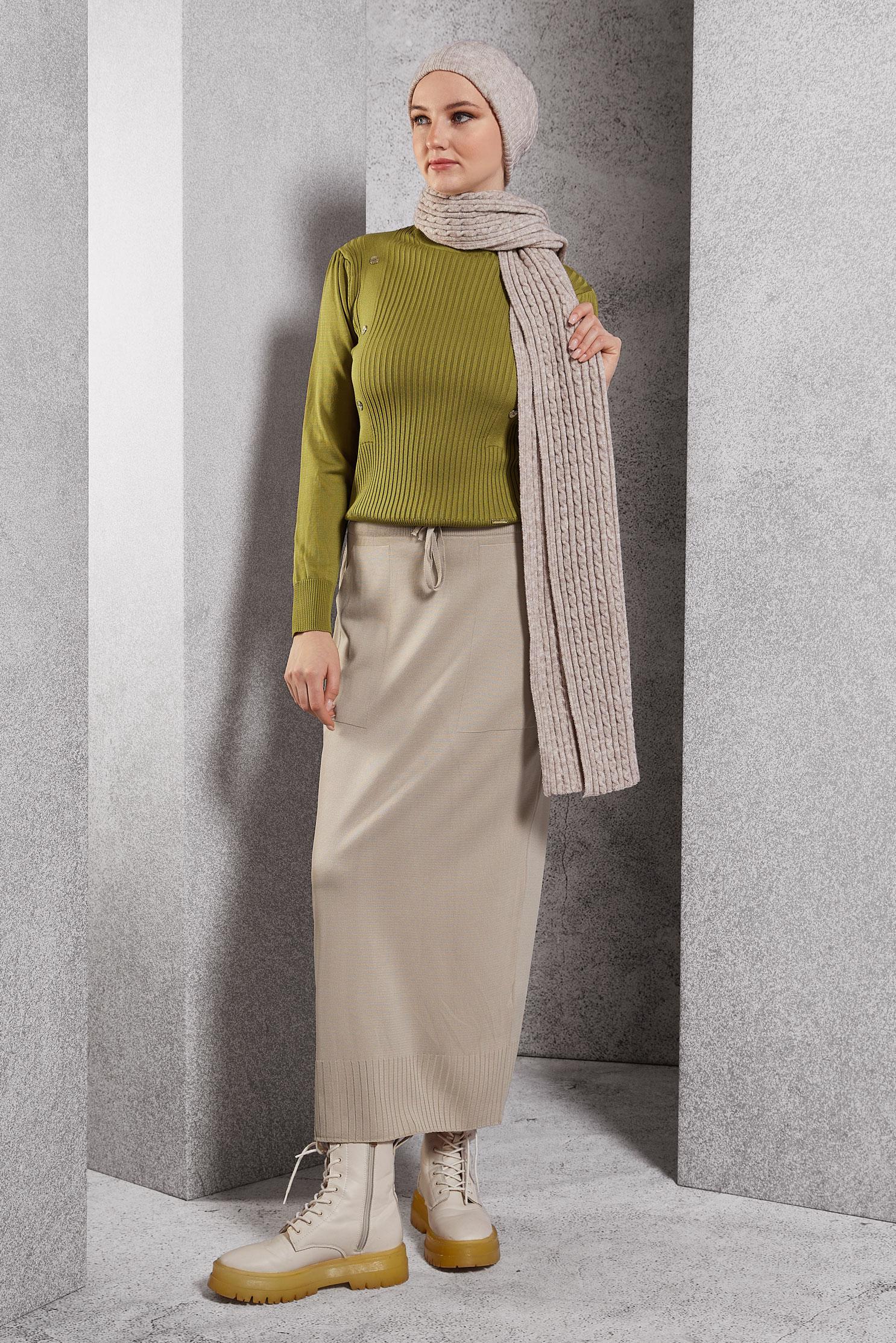 Tesettür giyim YEŞİL FİTİLLİ TRİKO KAZAK 45010