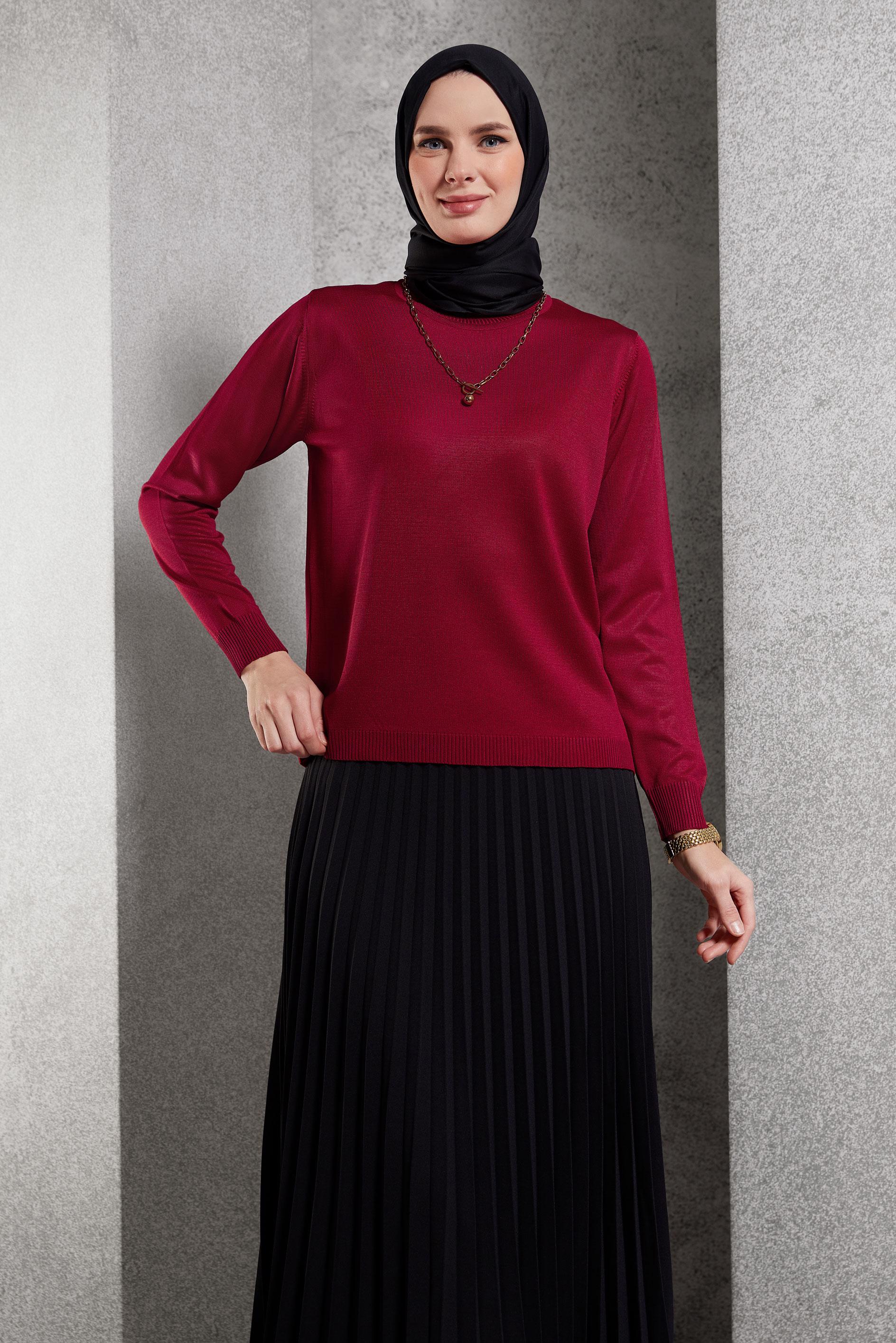 Tesettür giyim KIRMIZI DÜZ TRİKO KAZAK 45020
