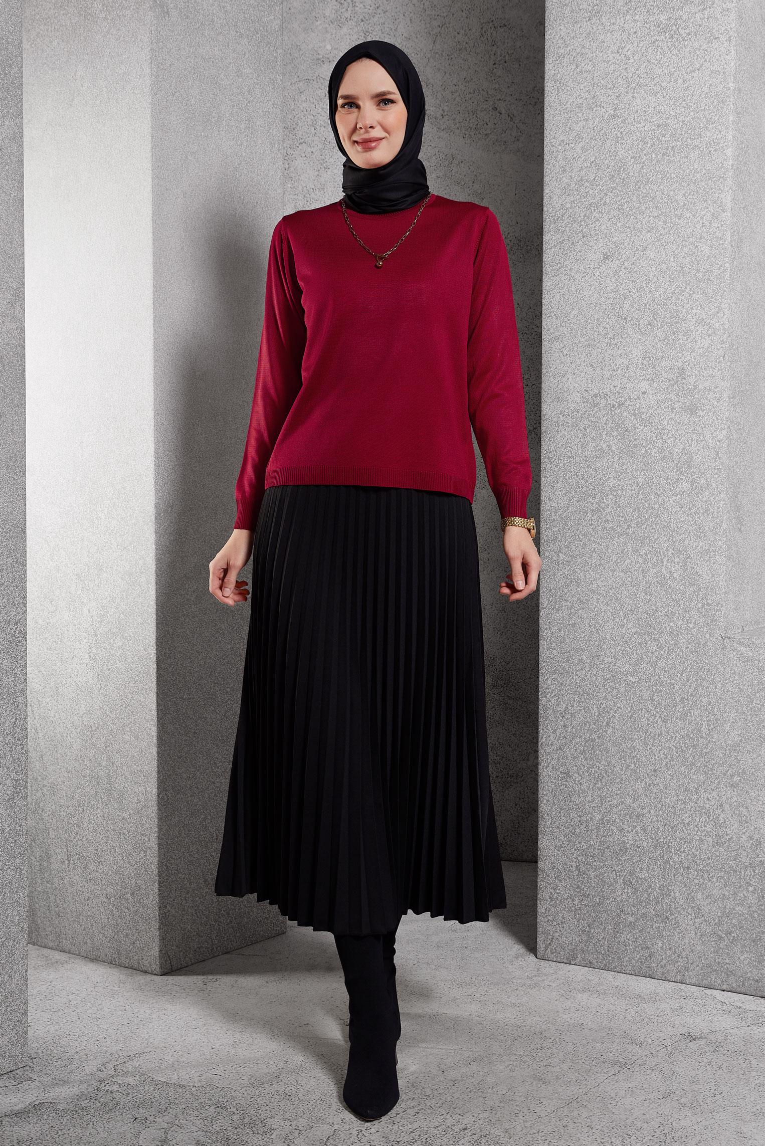 Tesettür giyim KIRMIZI DÜZ TRİKO KAZAK 45020