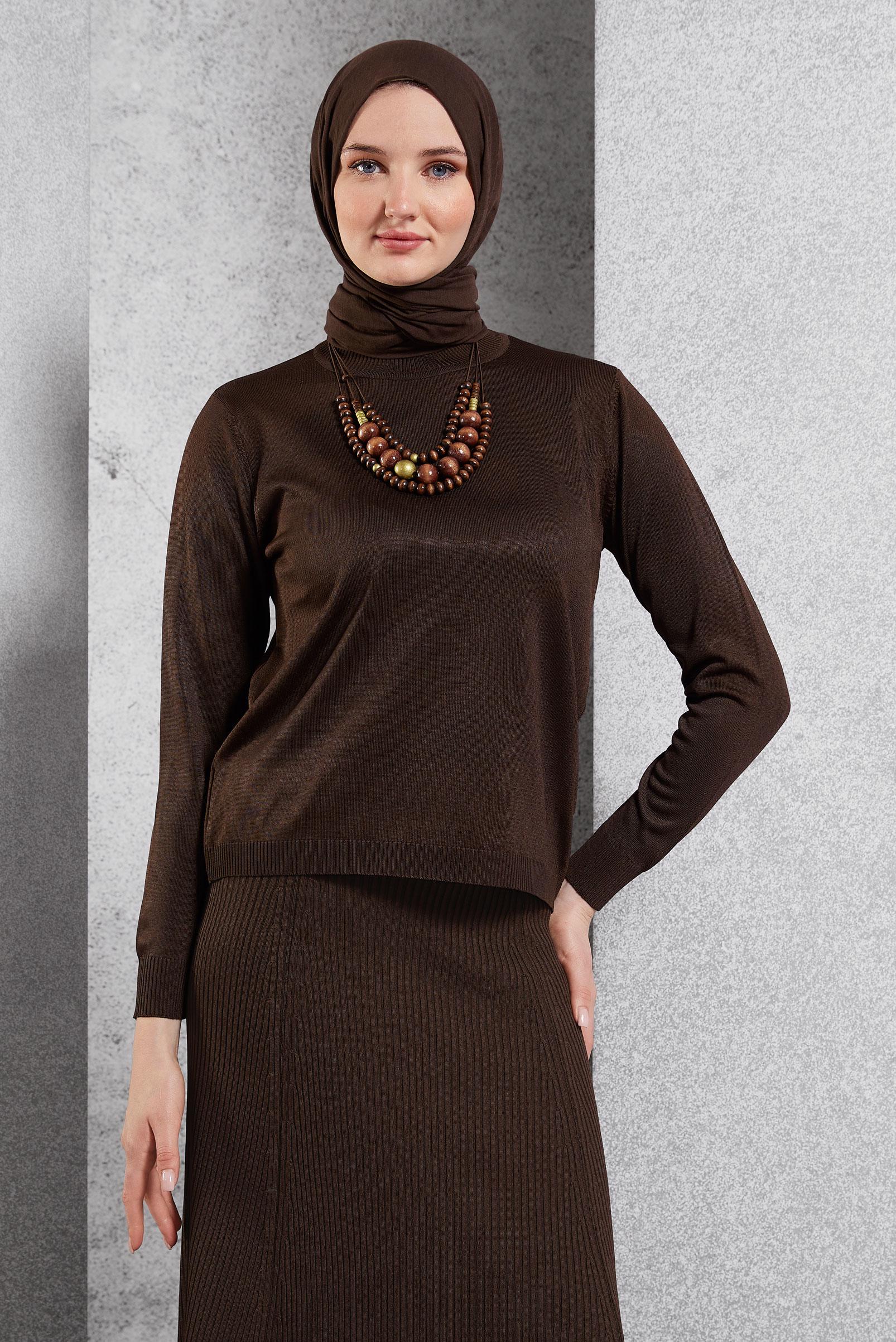 Tesettür giyim KAHVE DÜZ TRİKO KAZAK 45020