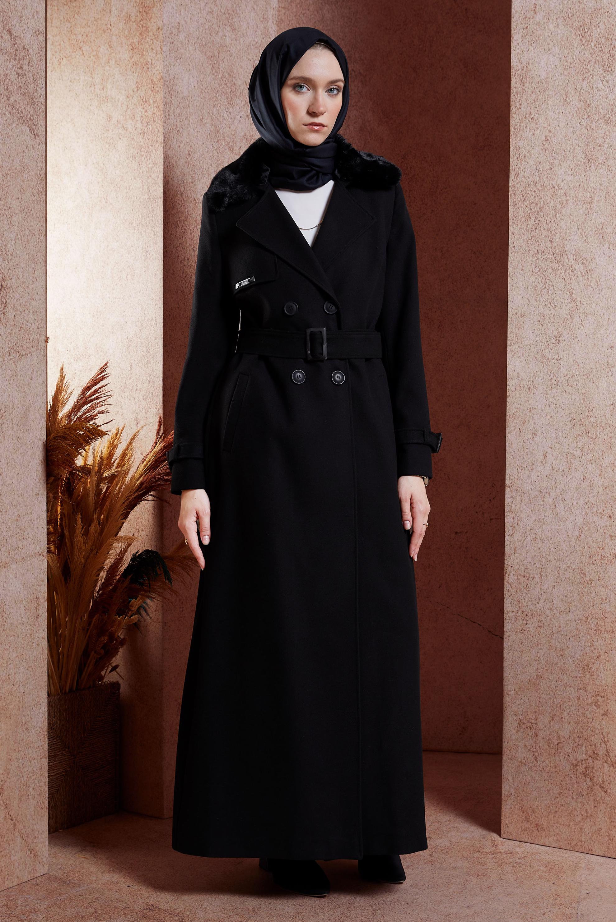 Vêtements hijab NOIR PARDESSUS MODESTE CEINTURÉ 90540