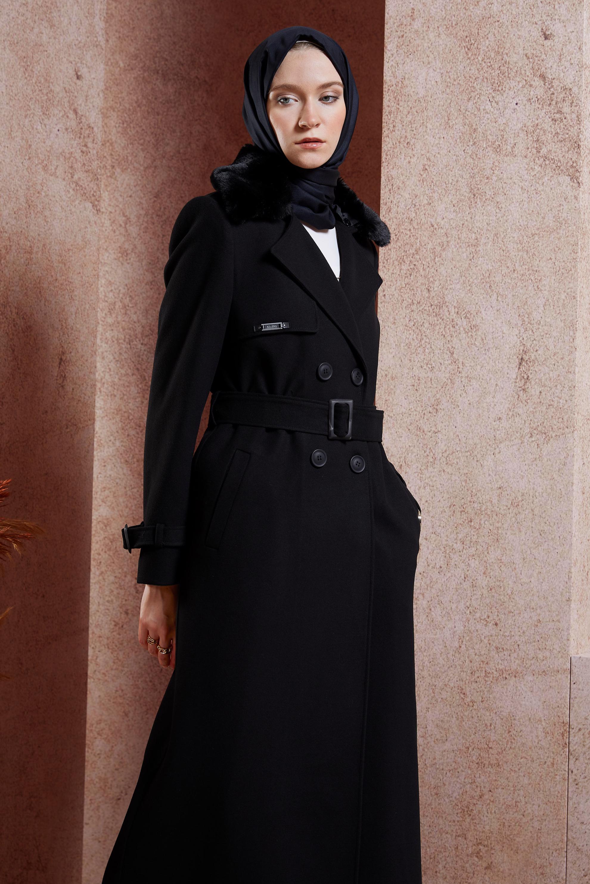 Vêtements hijab NOIR PARDESSUS MODESTE CEINTURÉ 90540