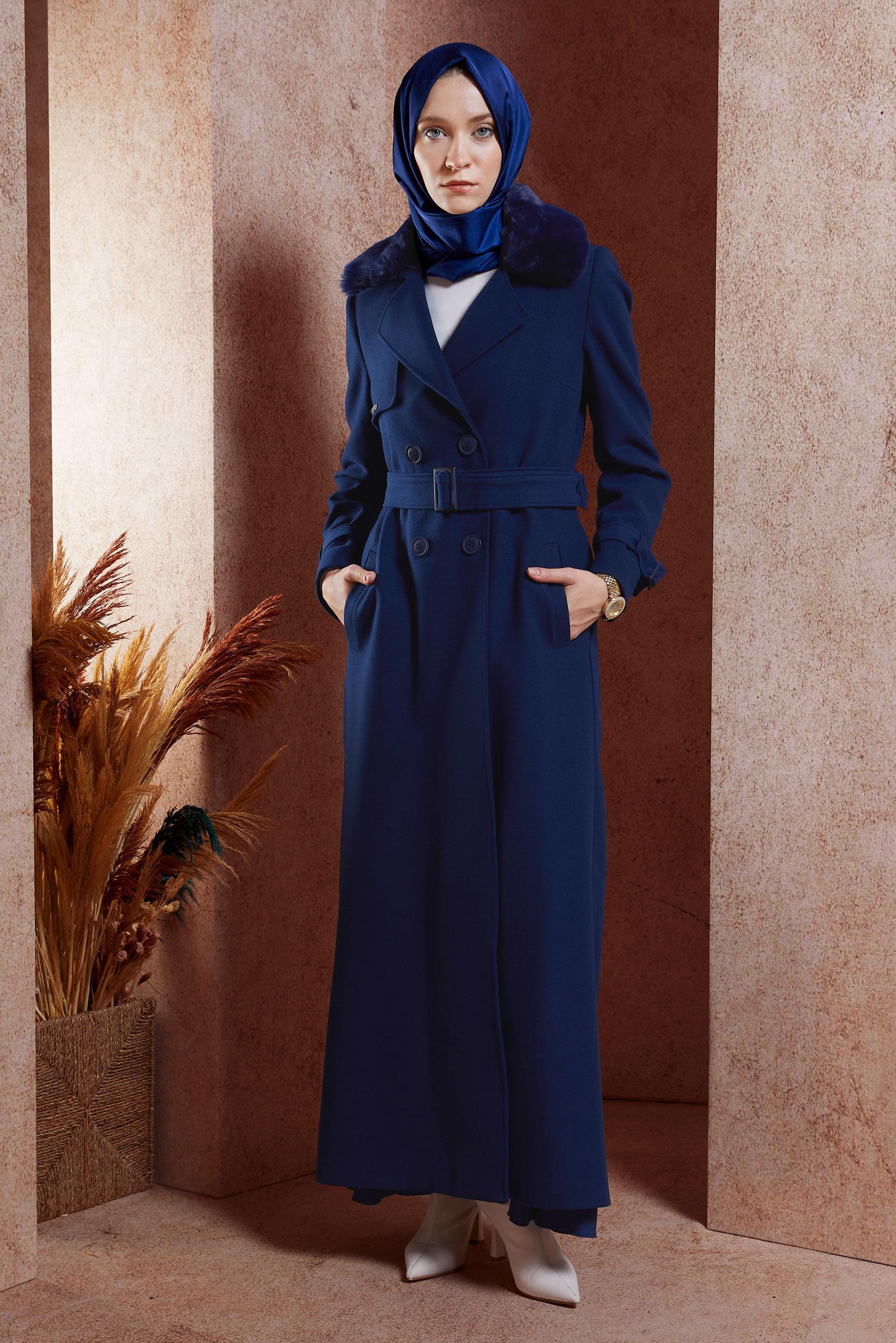 Vêtements hijab BLEU MARINE PARDESSUS MODESTE CEINTURÉ 90540
