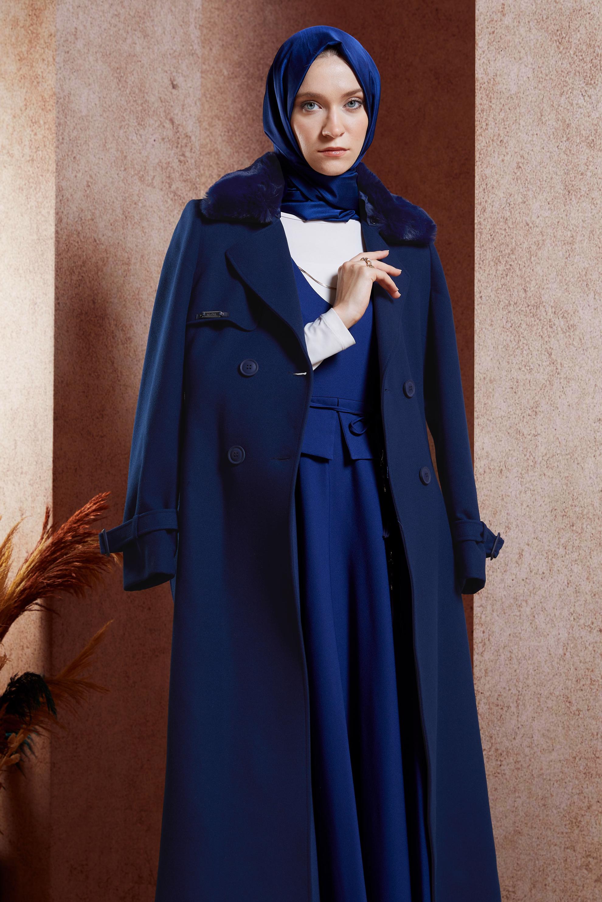 Vêtements hijab BLEU MARINE PARDESSUS MODESTE CEINTURÉ 90540