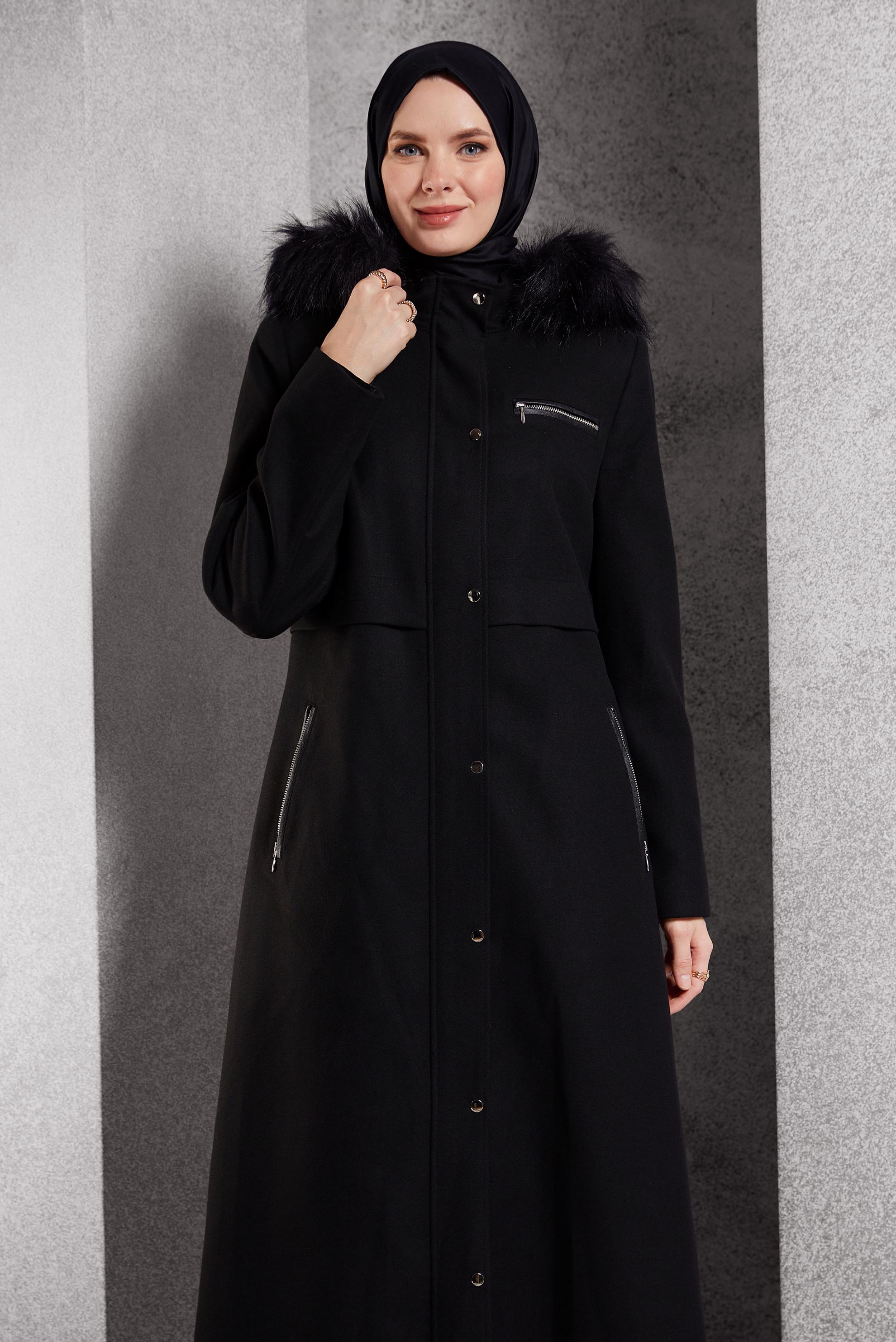 Tesettür giyim SİYAH KAPÜŞONLU KAŞE MANTO 90544