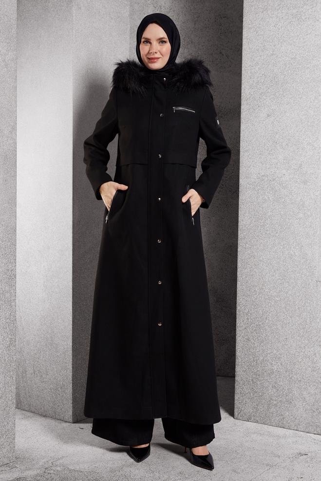 Tesettür giyim SİYAH KAPÜŞONLU KAŞE MANTO 90544 - ALVİNA