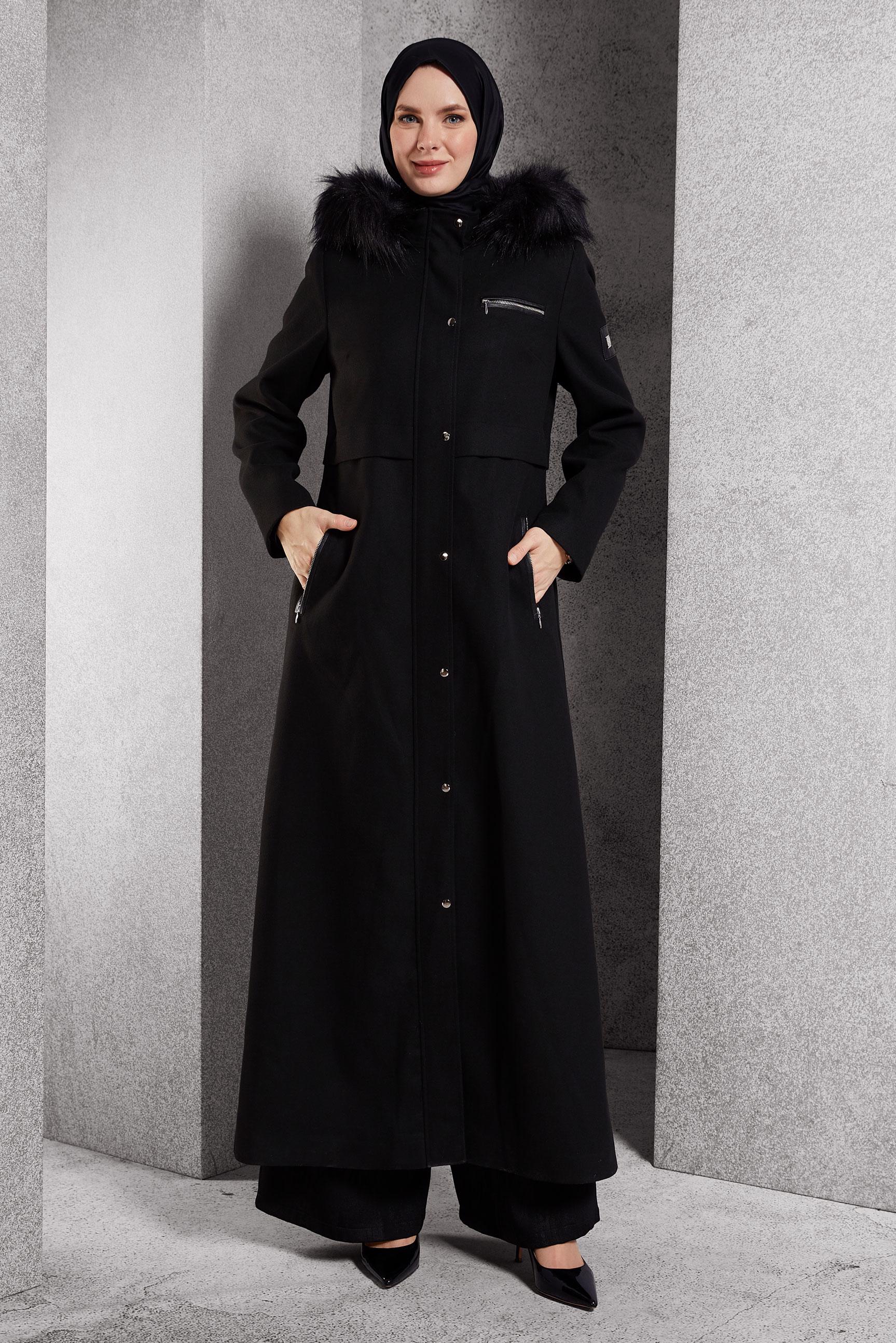 Tesettür giyim SİYAH KAPÜŞONLU KAŞE MANTO 90544