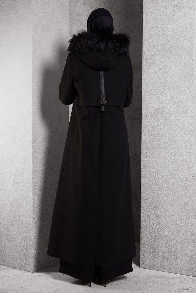 Tesettür giyim SİYAH KAPÜŞONLU KAŞE MANTO 90544 - ALVİNA