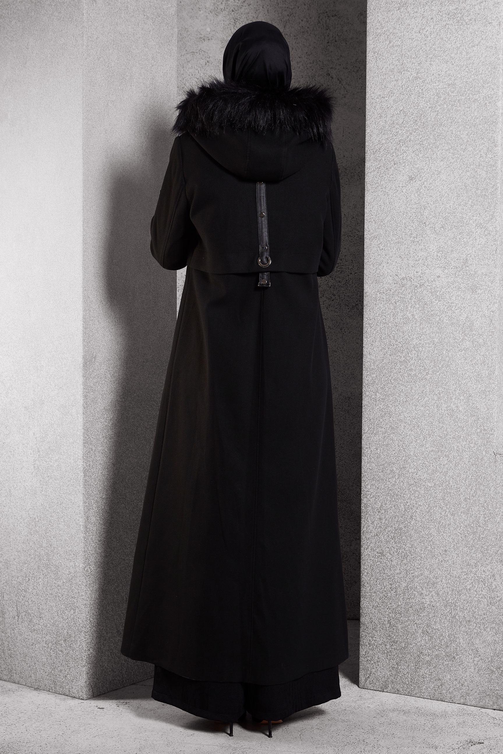 Tesettür giyim SİYAH KAPÜŞONLU KAŞE MANTO 90544