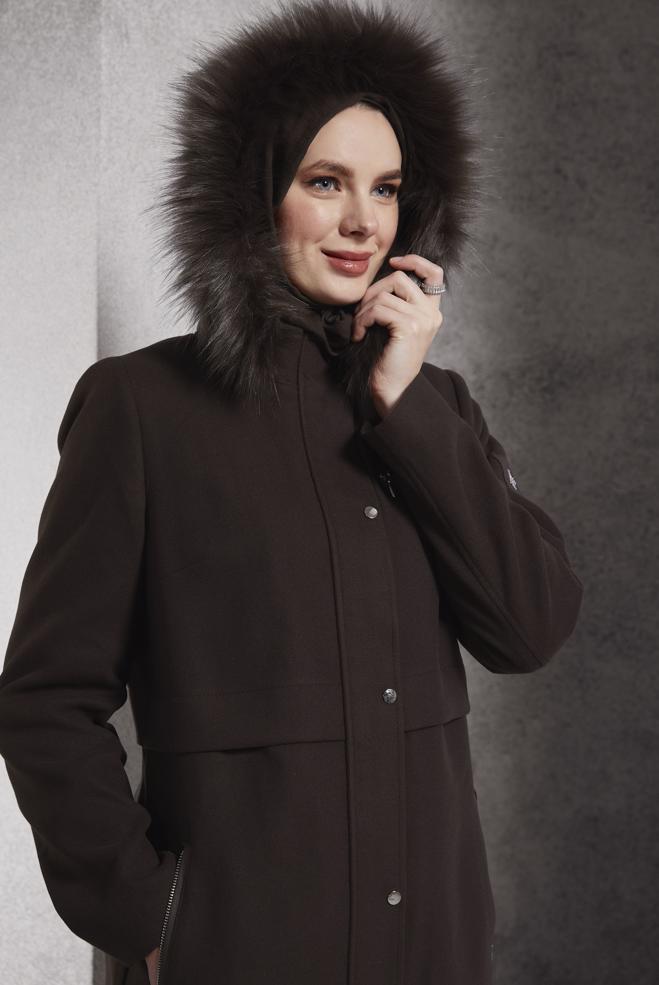 Tesettür giyim KAHVE KAPÜŞONLU KAŞE MANTO 90544 - ALVİNA