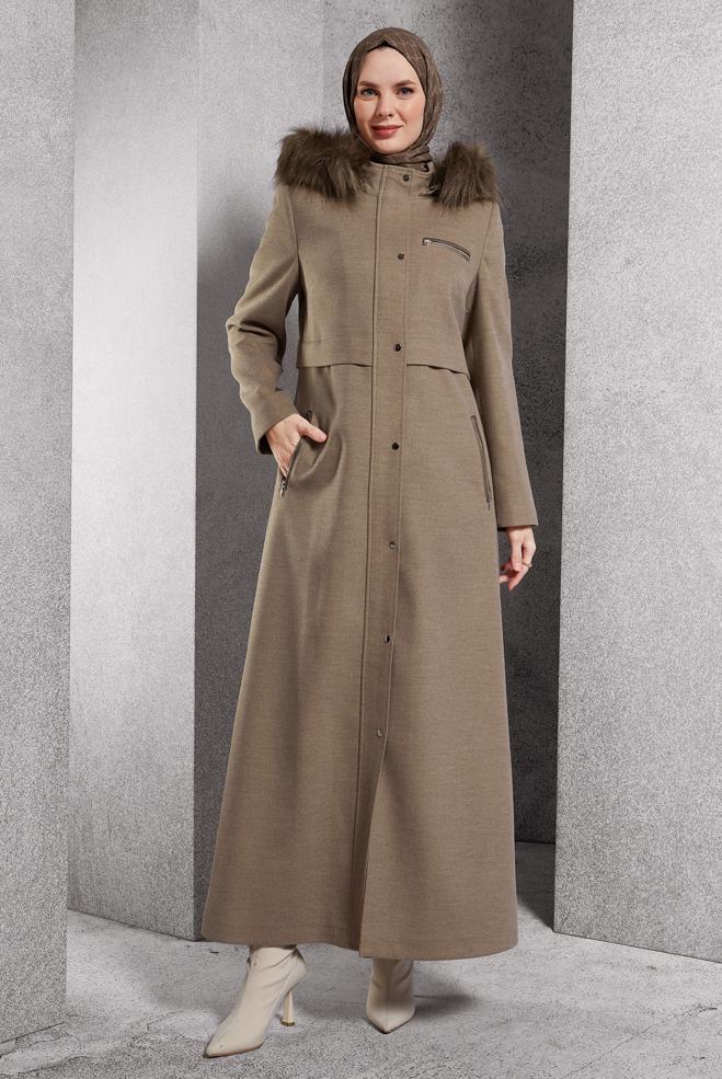 Tesettür giyim KAHVE KAPÜŞONLU KAŞE MANTO 90544 - ALVİNA