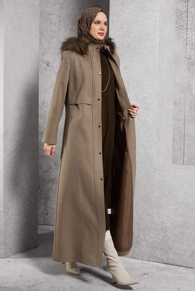 Tesettür giyim KAHVE KAPÜŞONLU KAŞE MANTO 90544 - ALVİNA