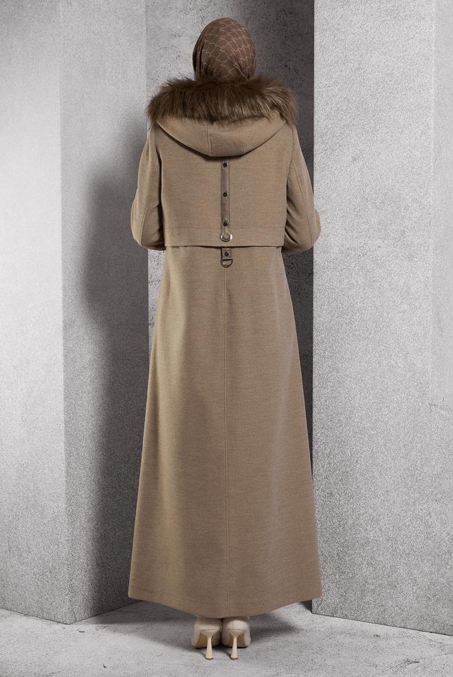 Tesettür giyim KAHVE KAPÜŞONLU KAŞE MANTO 90544 - ALVİNA