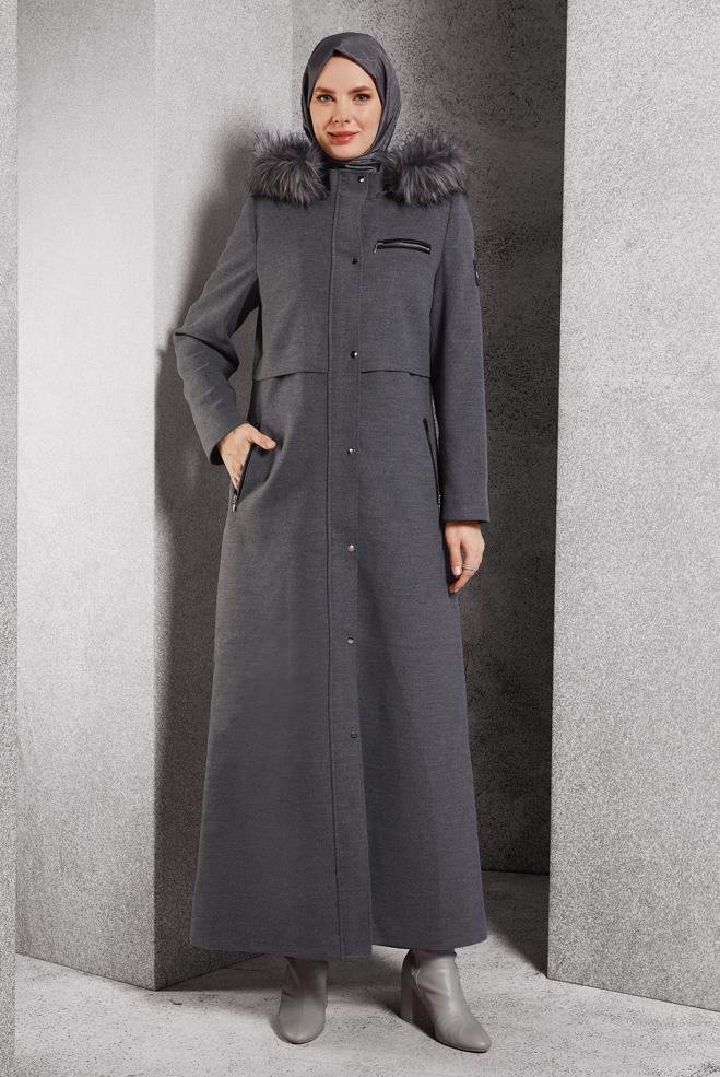 Tesettür giyim GRİ KAPÜŞONLU KAŞE MANTO 90544 - ALVİNA
