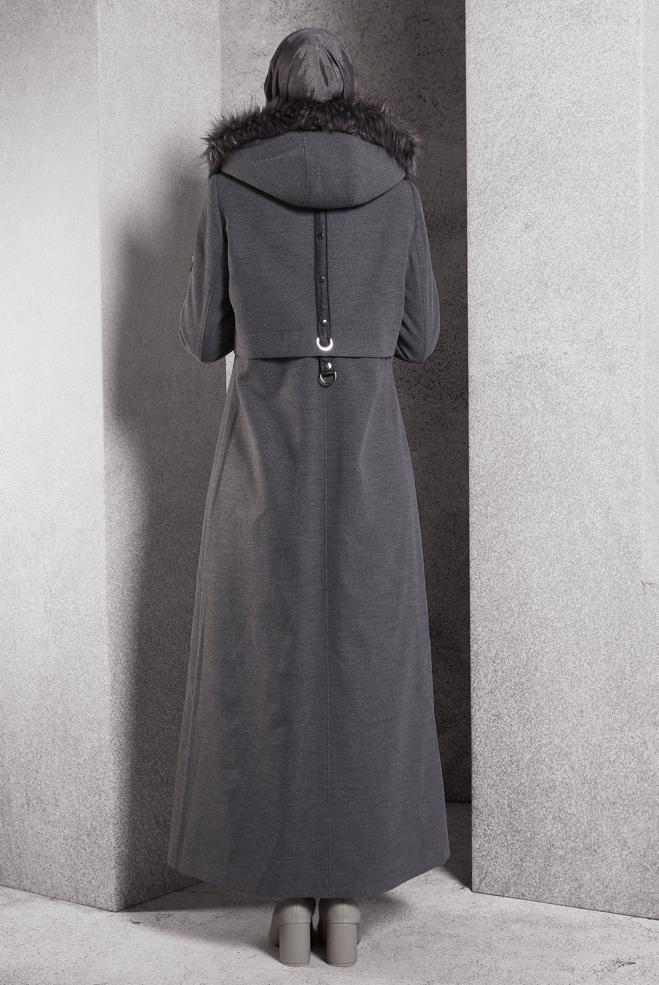 Tesettür giyim GRİ KAPÜŞONLU KAŞE MANTO 90544 - ALVİNA