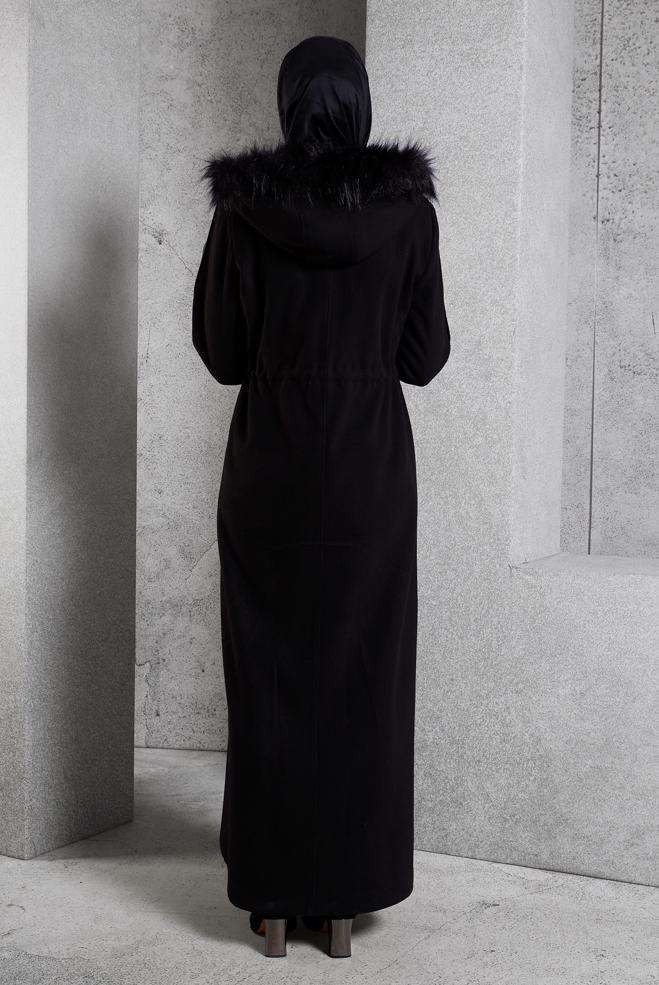 Tesettür giyim SİYAH KAPÜŞONLU MANTO 90560 - ALVİNA