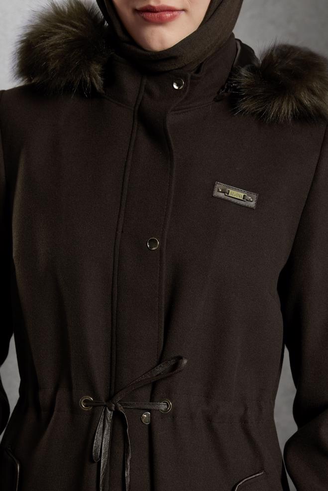 Tesettür giyim KAHVE KAPÜŞONLU MANTO 90560 - ALVİNA