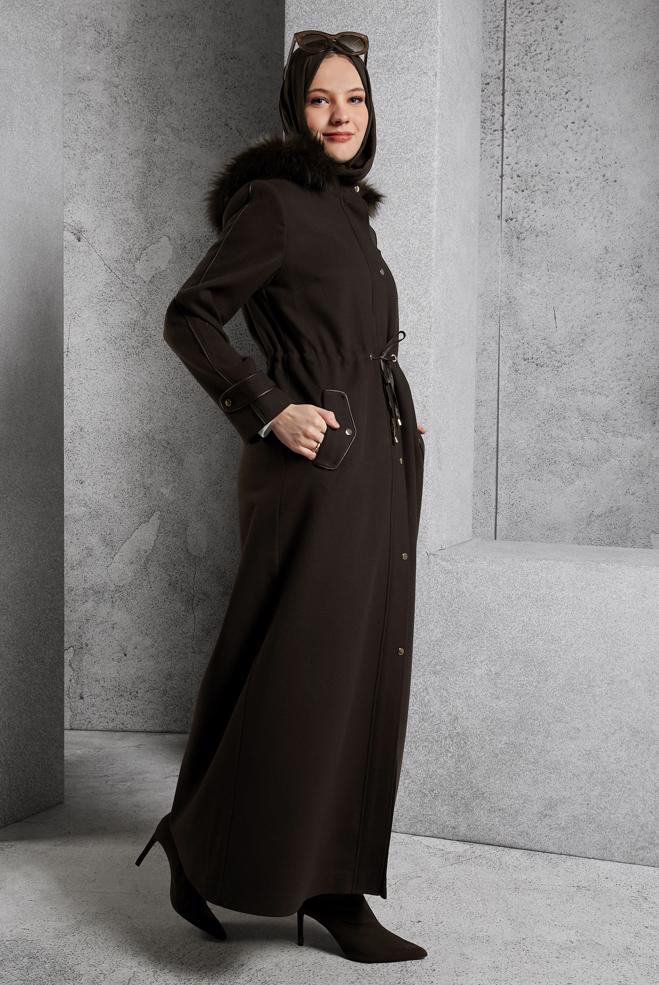 Tesettür giyim KAHVE KAPÜŞONLU MANTO 90560 - ALVİNA