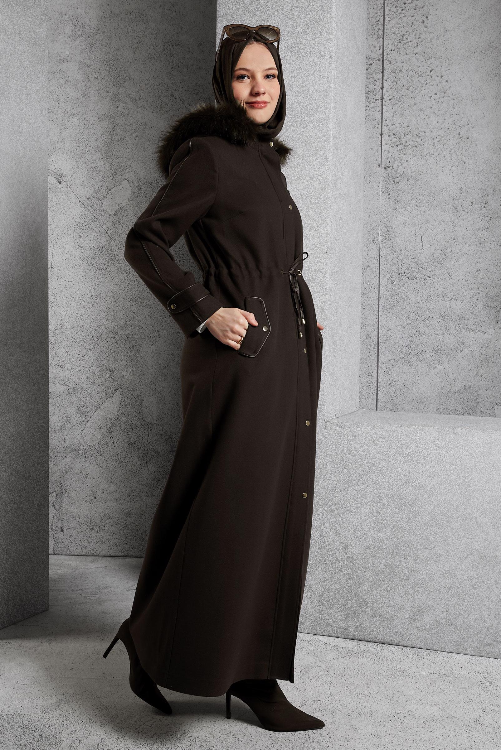 Tesettür giyim KAHVE KAPÜŞONLU MANTO 90560