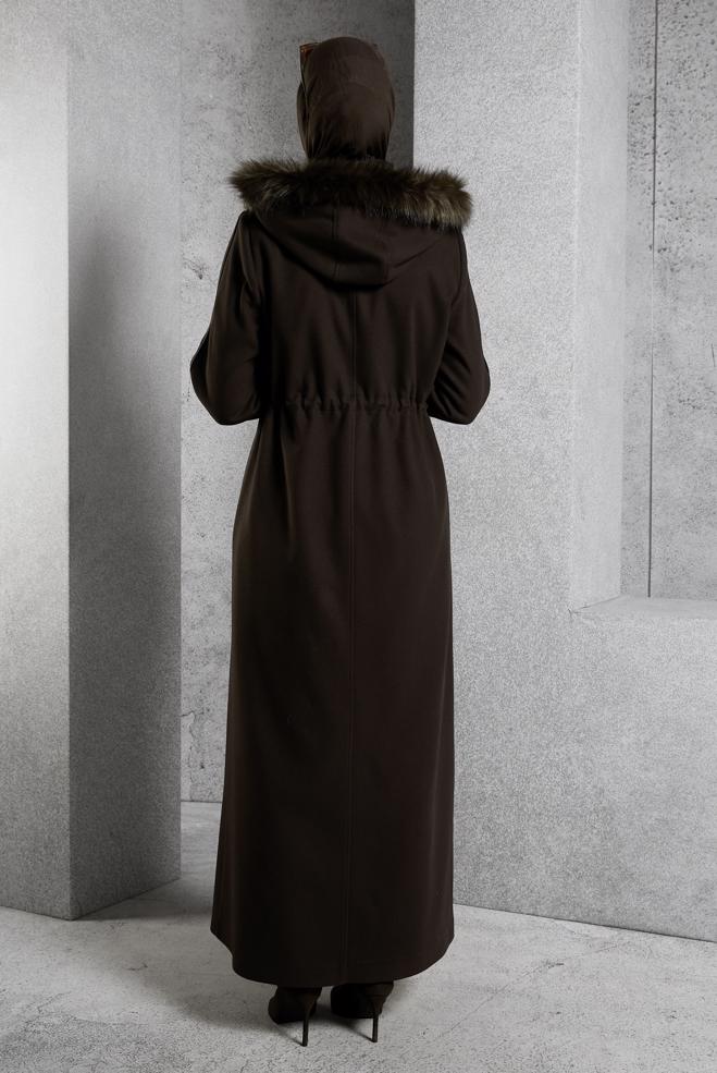 Tesettür giyim KAHVE KAPÜŞONLU MANTO 90560 - ALVİNA