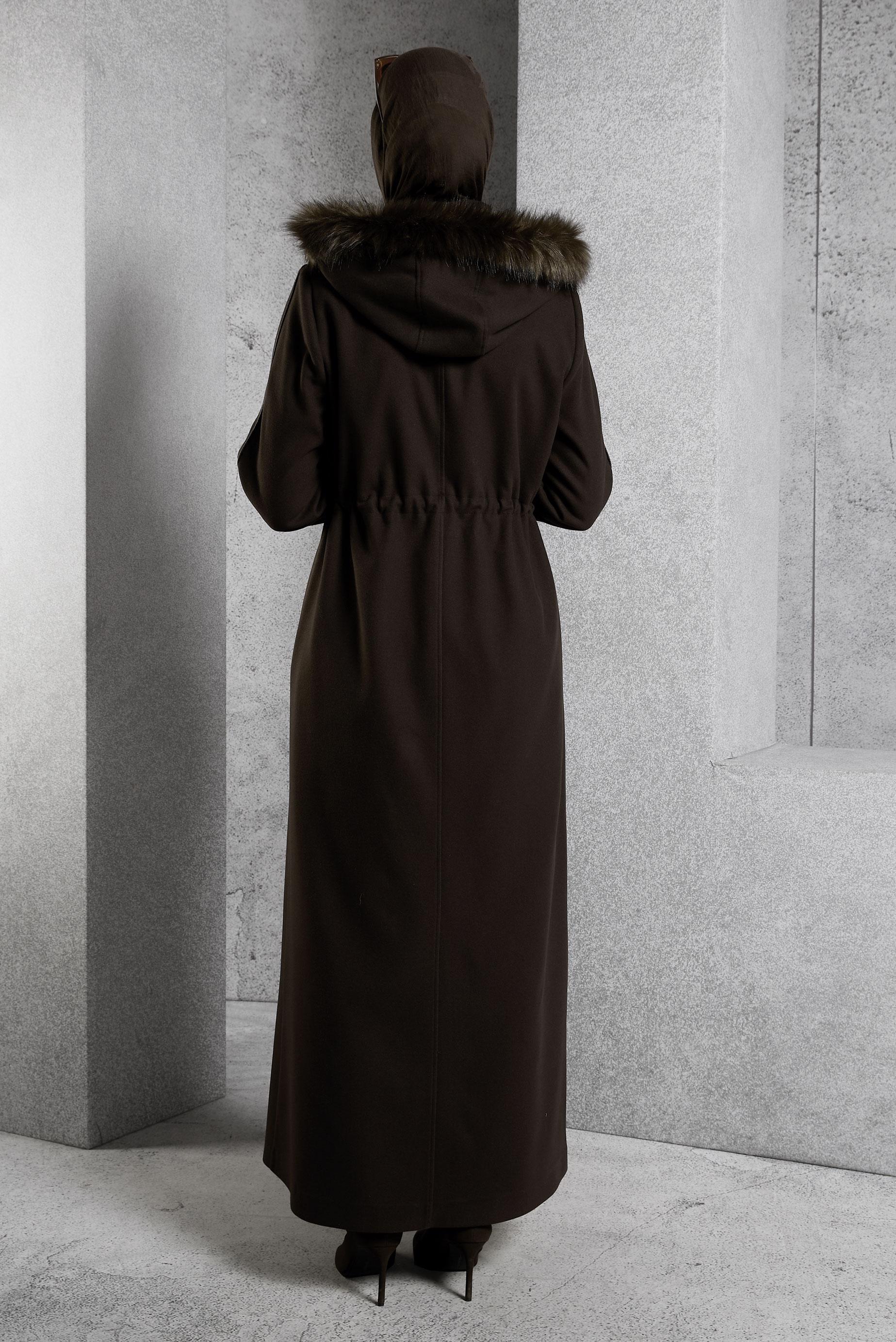 Tesettür giyim KAHVE KAPÜŞONLU MANTO 90560