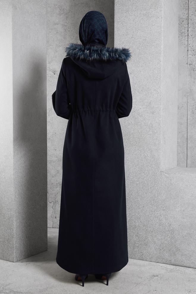 Tesettür giyim LACİVERT KAPÜŞONLU MANTO 90560 - ALVİNA