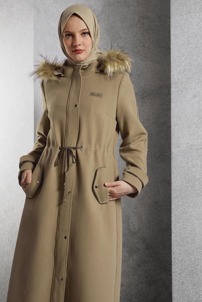 Tesettür giyim KAHVE KAPÜŞONLU MANTO 90560 - ALVİNA