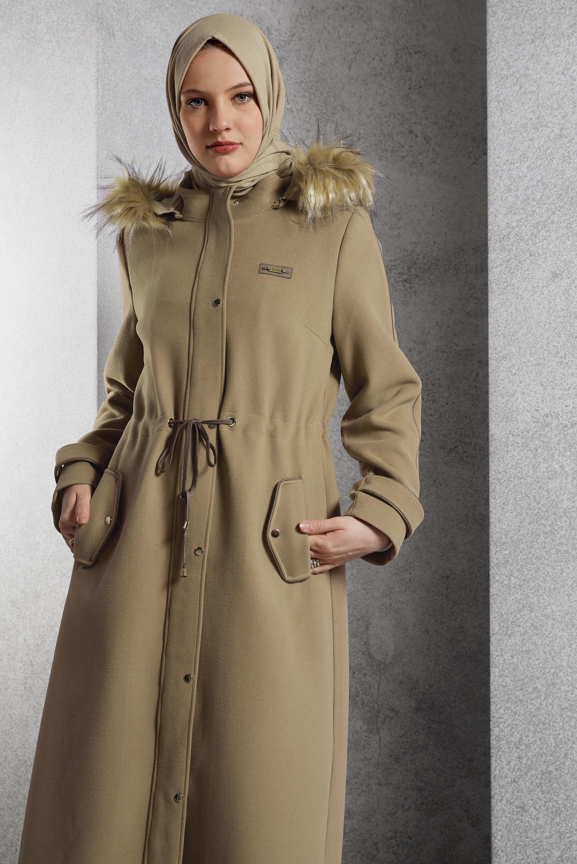 Tesettür giyim KAHVE KAPÜŞONLU MANTO 90560