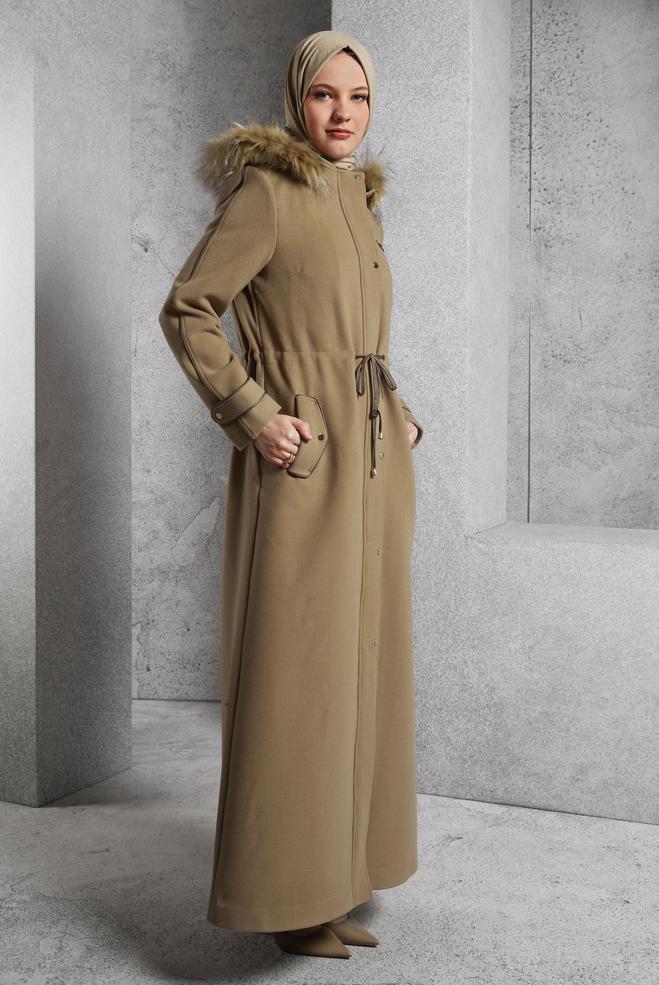 Tesettür giyim KAHVE KAPÜŞONLU MANTO 90560 - ALVİNA
