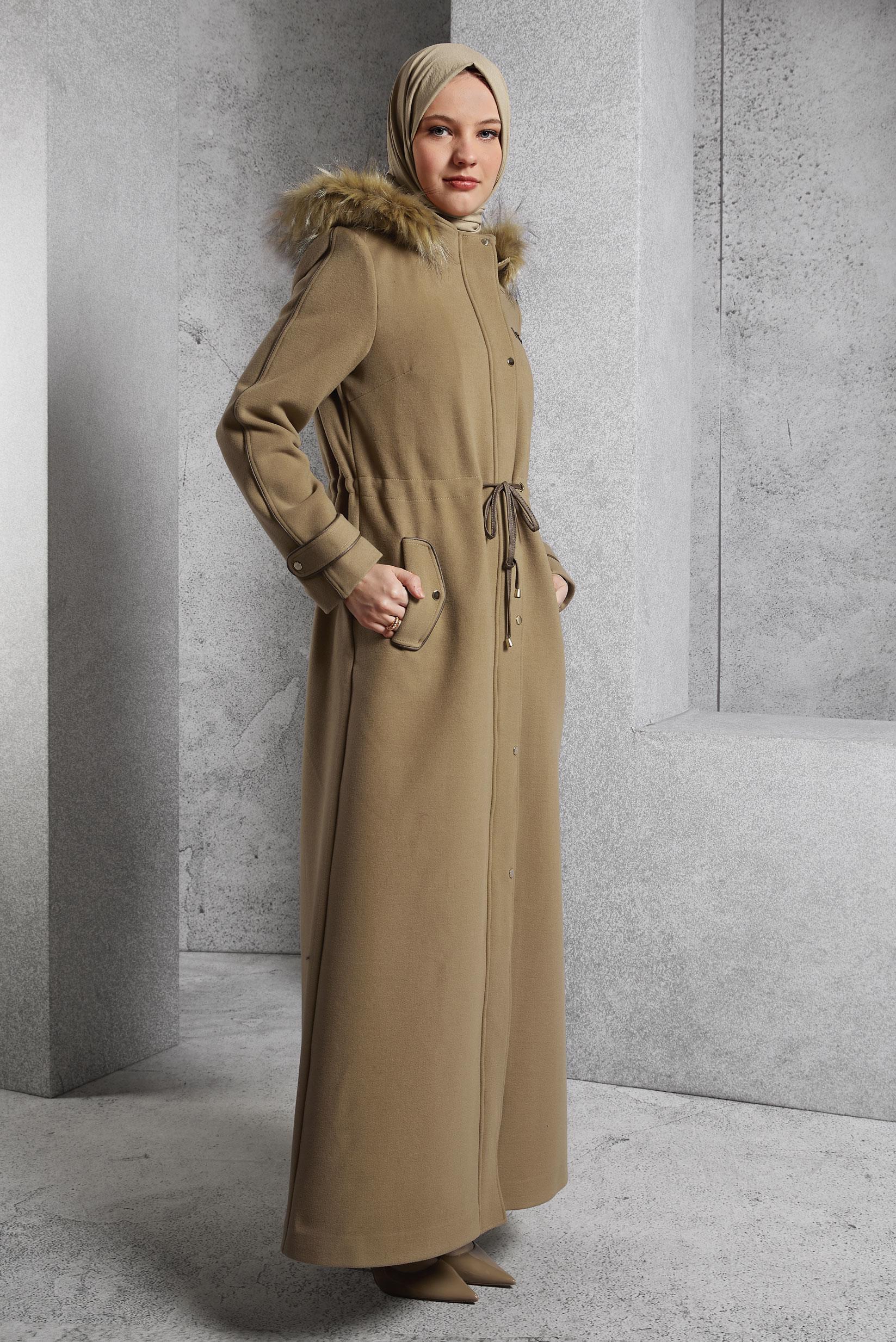 Tesettür giyim KAHVE KAPÜŞONLU MANTO 90560