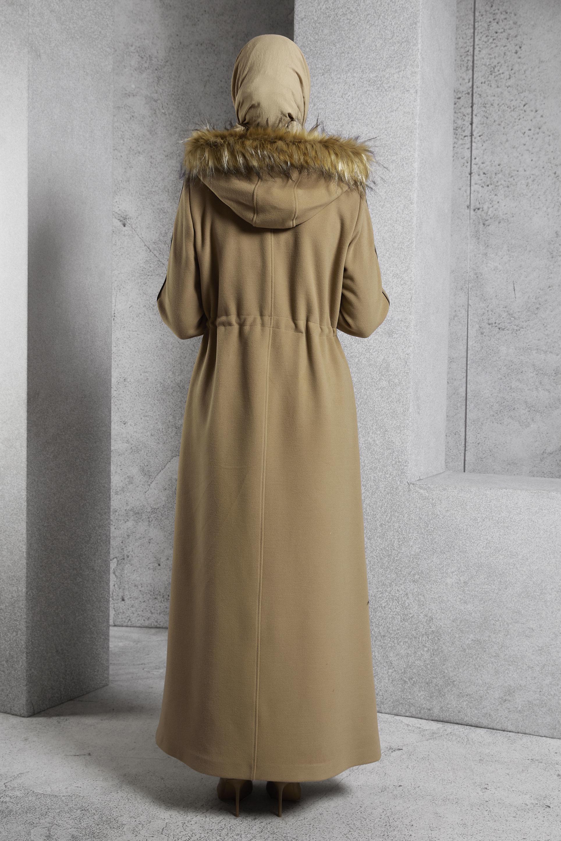 Tesettür giyim KAHVE KAPÜŞONLU MANTO 90560