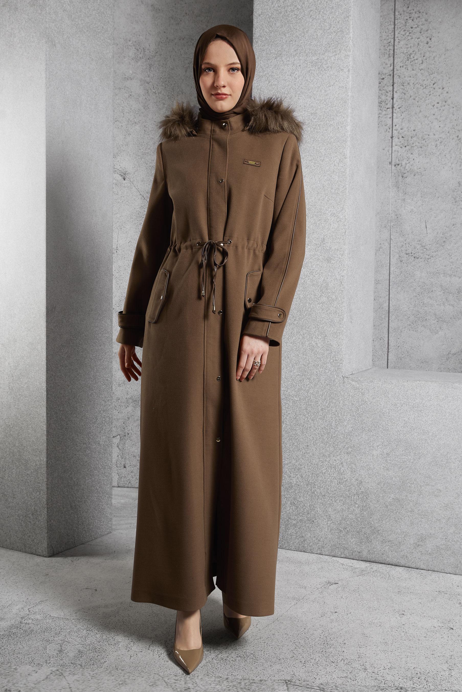 Tesettür giyim KAHVE KAPÜŞONLU MANTO 90560