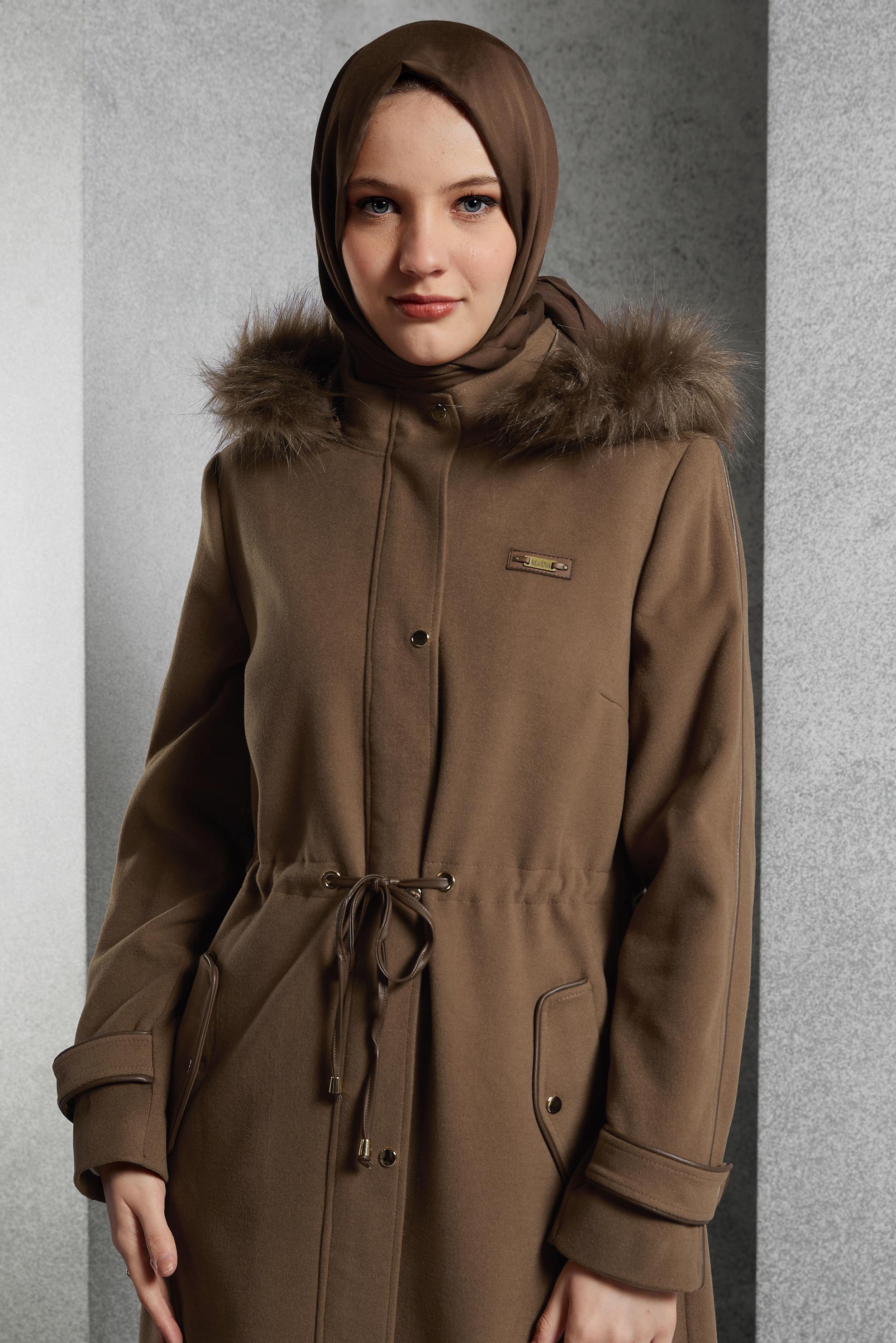 Tesettür giyim KAHVE KAPÜŞONLU MANTO 90560