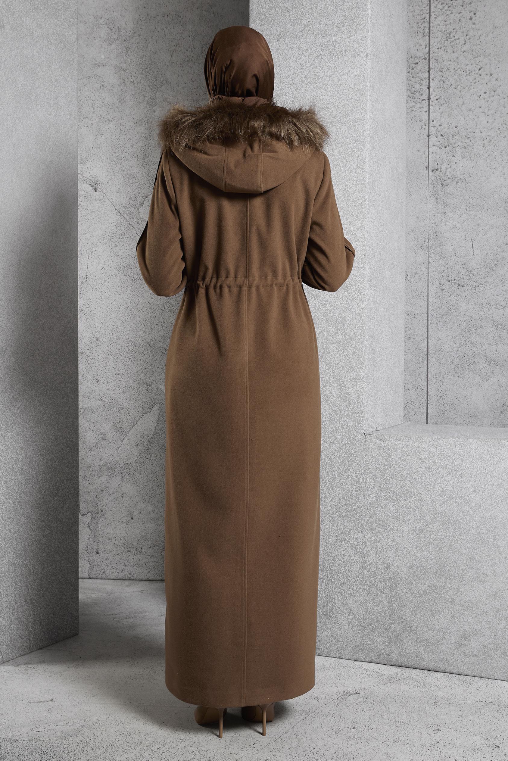 Tesettür giyim KAHVE KAPÜŞONLU MANTO 90560