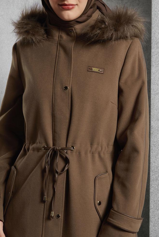 Tesettür giyim KAHVE KAPÜŞONLU MANTO 90560 - ALVİNA