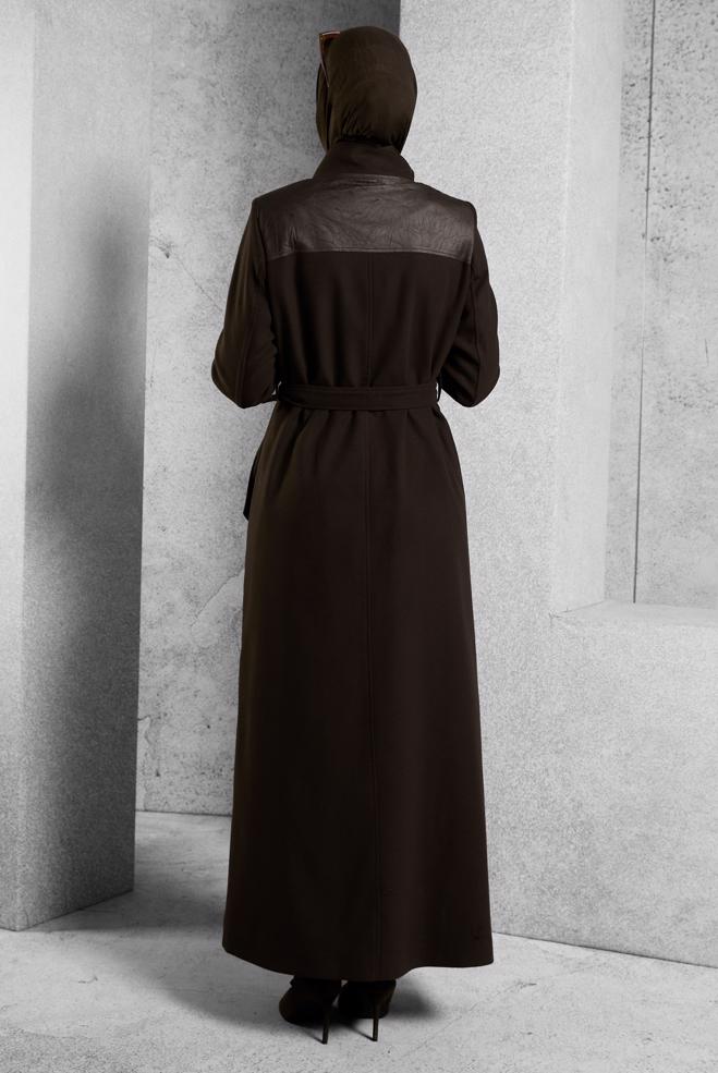 Tesettür giyim KAHVE KUŞAKLI MANTO 90568 - ALVİNA