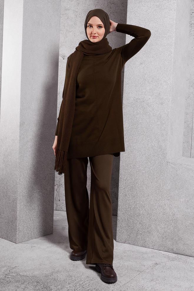 Vêtements hijab BRUN PANTALON EN TRICOT À TAILLE ÉLASTIQUE 70781 - ALVİNA