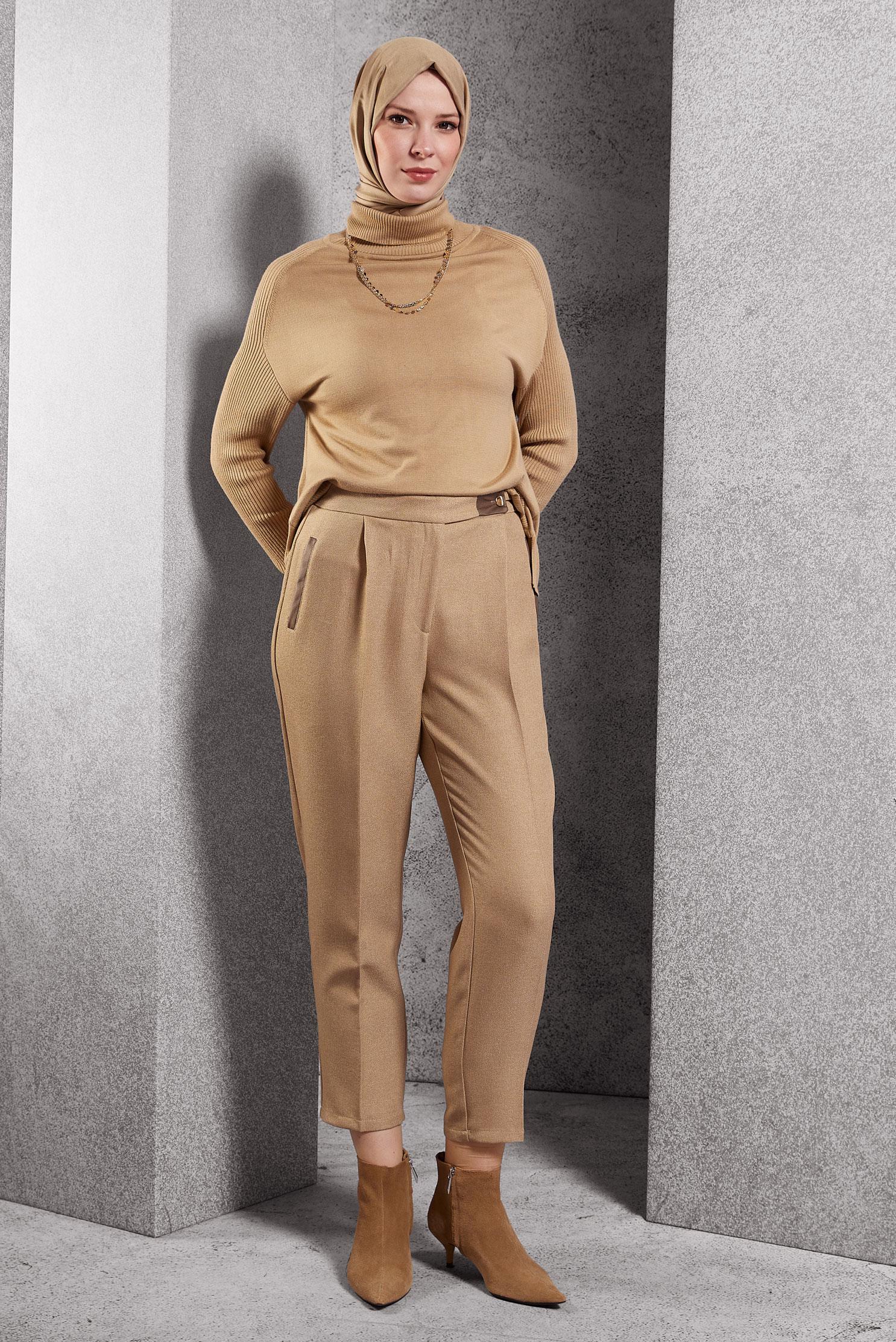 Tesettür giyim BEJ HAVUÇ KESİM PANTOLON 70792